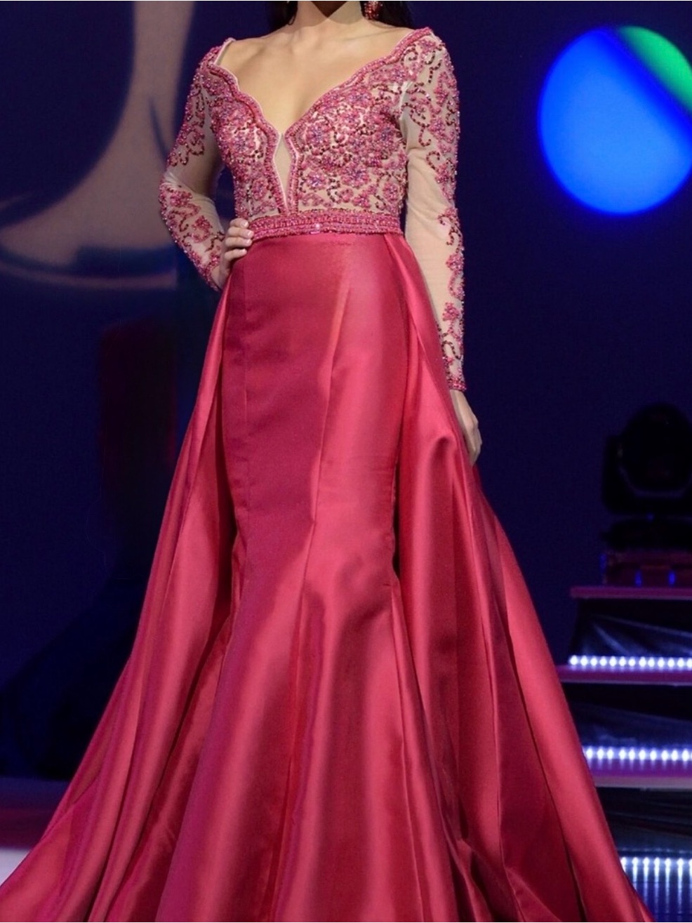 Jovani Fuchsia Beaded Long Sleeve Evening Gown